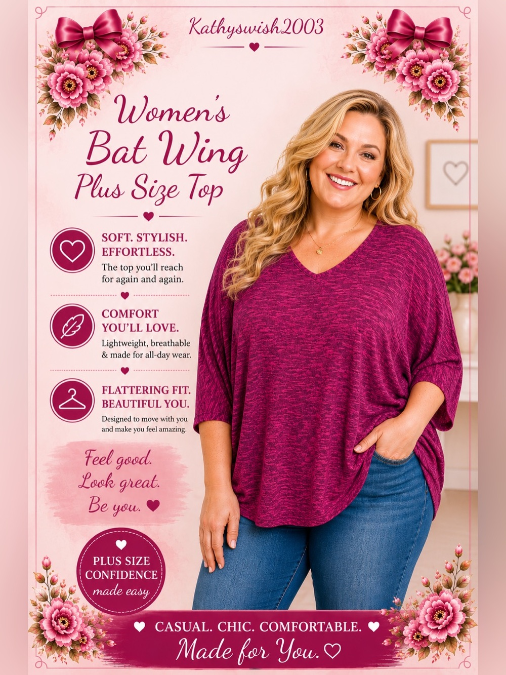 Azalea Women’s Bat Wing Plus Size Top Bust 32”